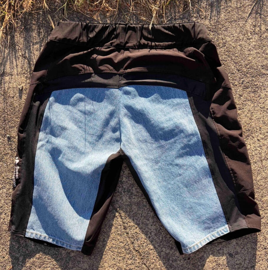 Back side of bike shorts replaced with denim
